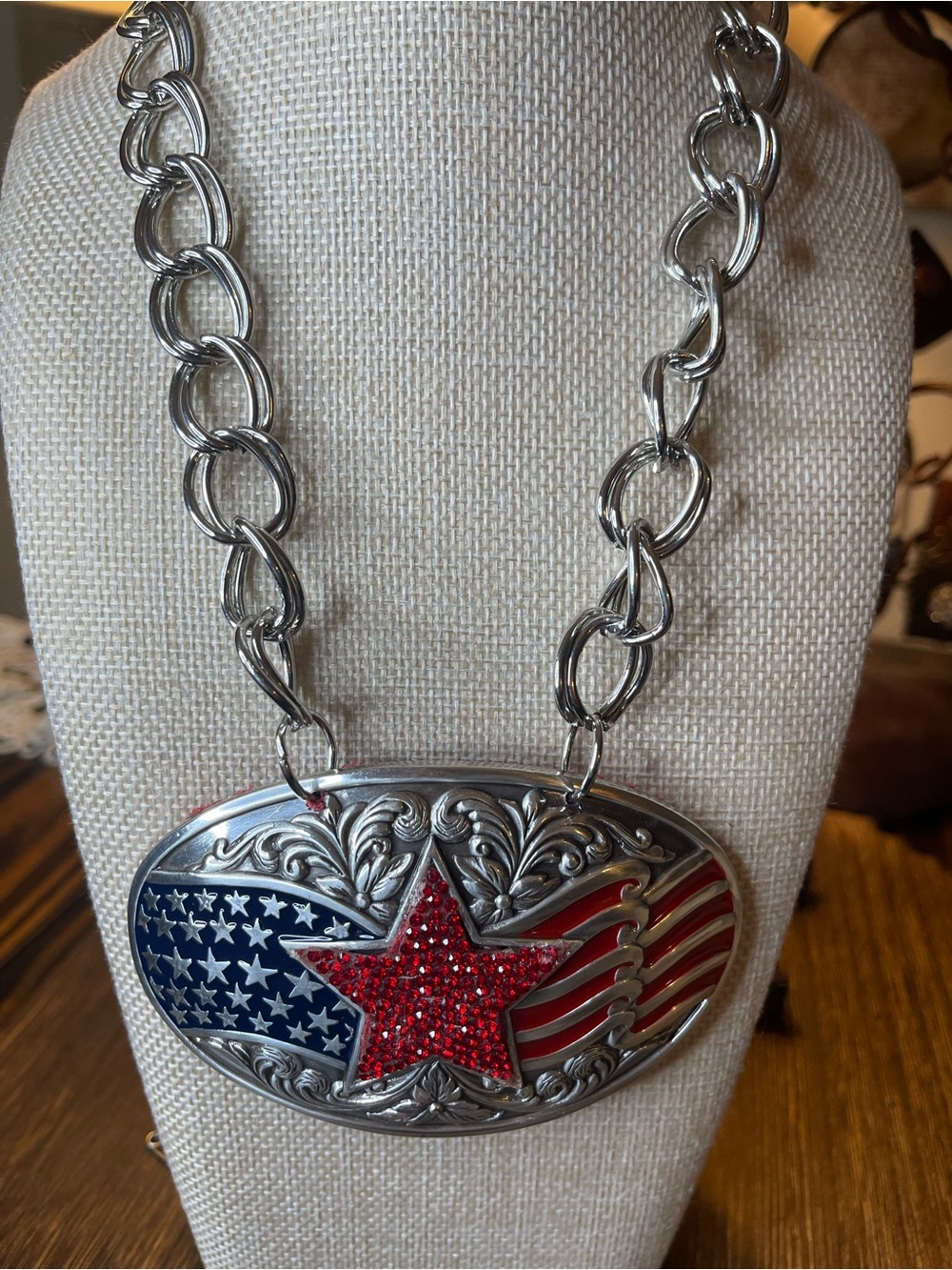 LAST ONE! Gypsy South Patriotic Red Star Buckle Rhinestone Necklace Silver